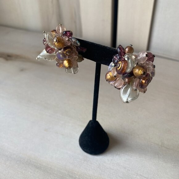 VTG 925 Italy Pierced Glass Chunky Cluster Earrings Brown Purple Rossana fairy - Picture 12 of 14